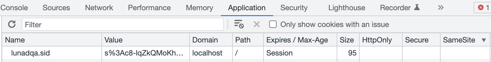 DevTools Application > Cookies panel: a cookie with only Name and Value set, no Domain/Secure/SameSite