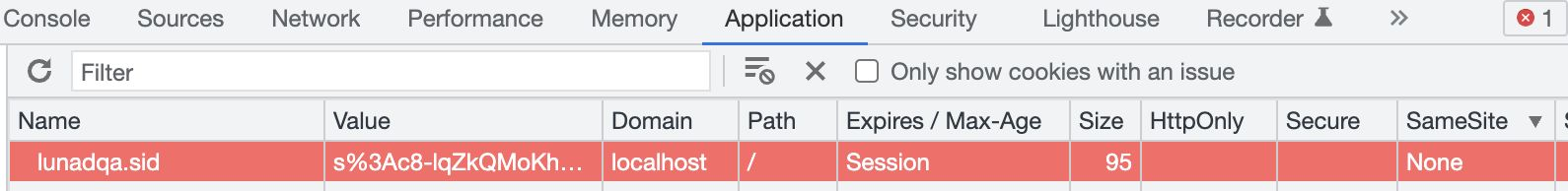 DevTools shows the cookie row highlighted red after setting SameSite=None without Secure — Chrome rejects it
