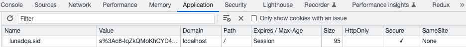 DevTools Application panel: cookie saved successfully with SameSite=None and Secure checked, Domain still shows localhost