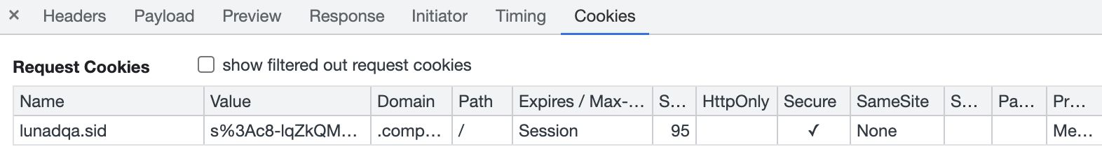 Network panel Cookies tab: request now carries the cookie once Domain is changed to match the partner's domain