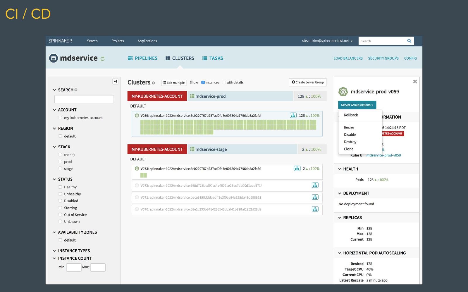 Spinnaker dashboard shown in the course slides